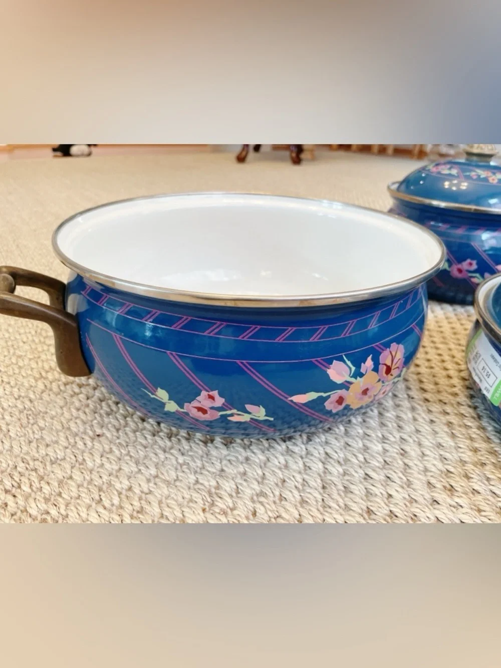 Vintage Sarma Studios Floral Enamel Cookware Set Blue Pots 3pc 2x 10” & 8” w lid